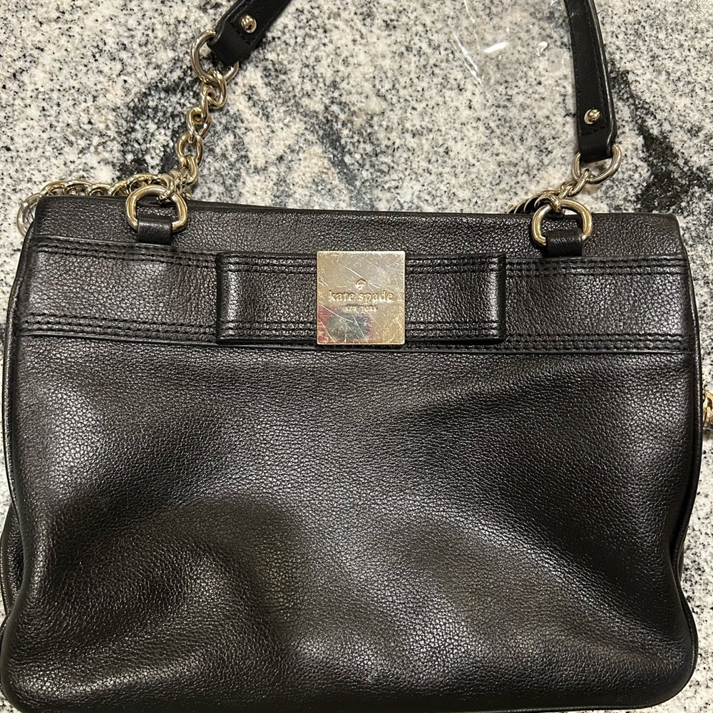 kate spade Black Leather Shoulder Bag with Gold Chain Accents